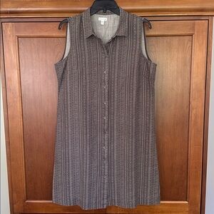 Garnet Hill Classic 100% Linen Shirt Dress Womens 12 Brown Boho Print Sleeveless